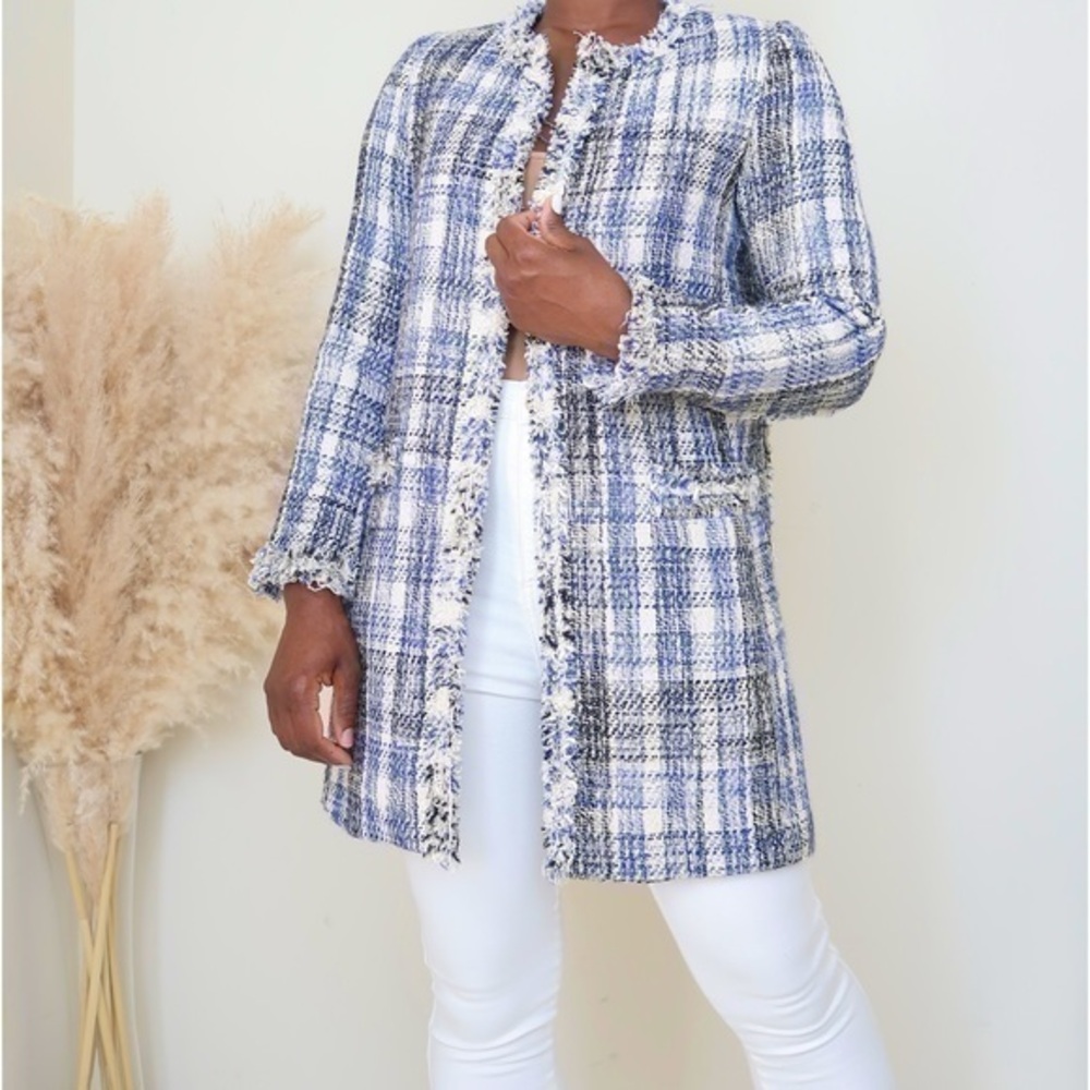 Zara blue and cream tweed blazer jacket